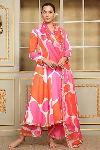 Pink & Orange Muslin Lace Embroidered Anarkali Set by Pomcha Jaipur