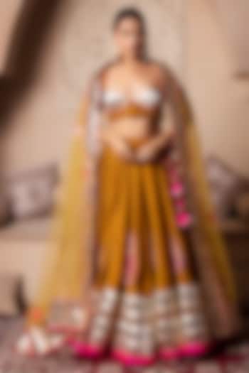 Mustard Yellow Velvet Gota Patti Embroidered Wedding Lehenga Set by Pomcha Jaipur at Pernia's Pop Up Shop