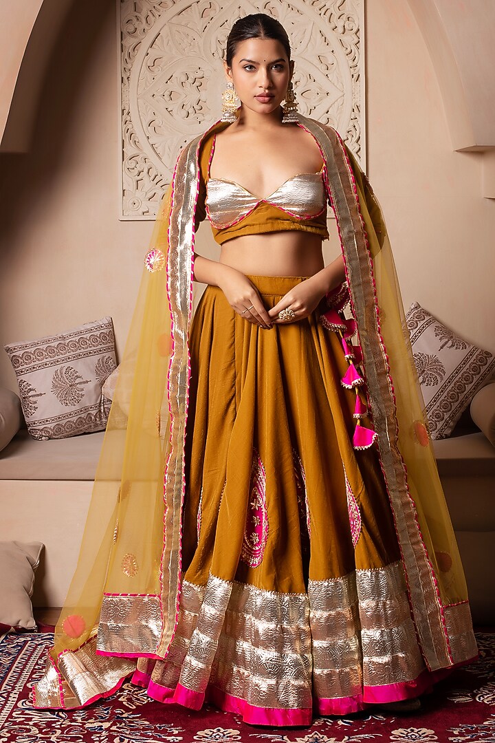 Mustard Yellow Velvet Gota Patti Embroidered Wedding Lehenga Set by Pomcha Jaipur at Pernia's Pop Up Shop