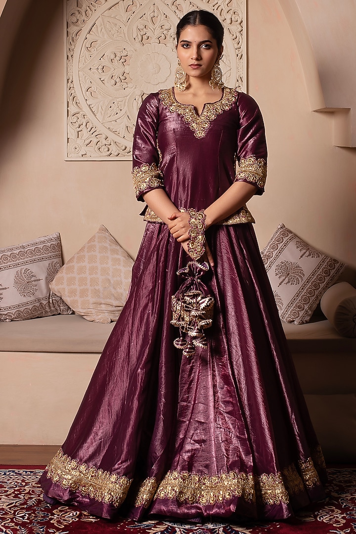 Burgundy Cosmos Silk Gota Thread Work Wedding Lehenga Set by Pomcha Jaipur at Pernia's Pop Up Shop