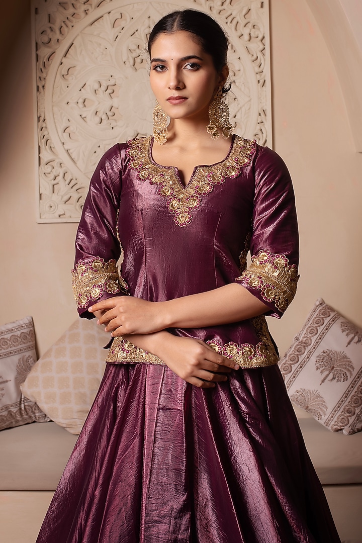 Burgundy Cosmos Silk Gota Thread Work Wedding Lehenga Set by Pomcha Jaipur at Pernia's Pop Up Shop