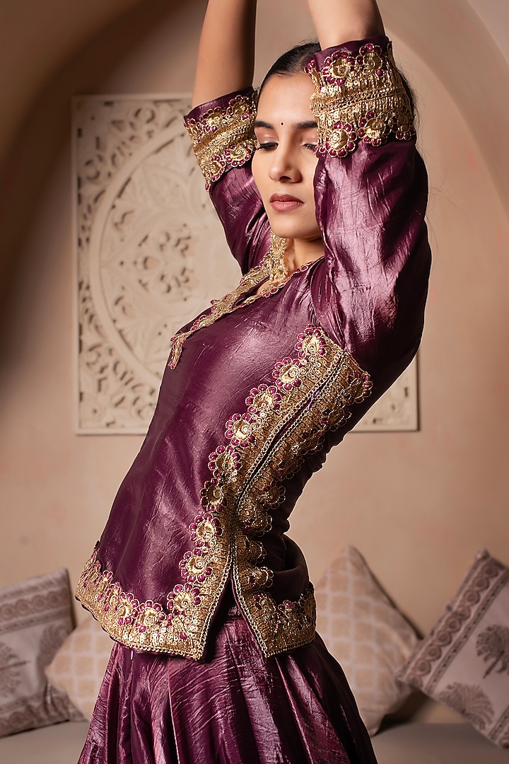 Burgundy Cosmos Silk Gota Thread Work Wedding Lehenga Set by Pomcha Jaipur at Pernia's Pop Up Shop