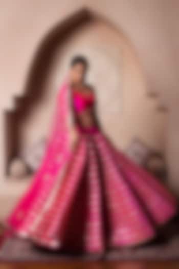 Hot Pink Taffeta Silk Gota Patti Embroidered Wedding Lehenga Set by Pomcha Jaipur at Pernia's Pop Up Shop