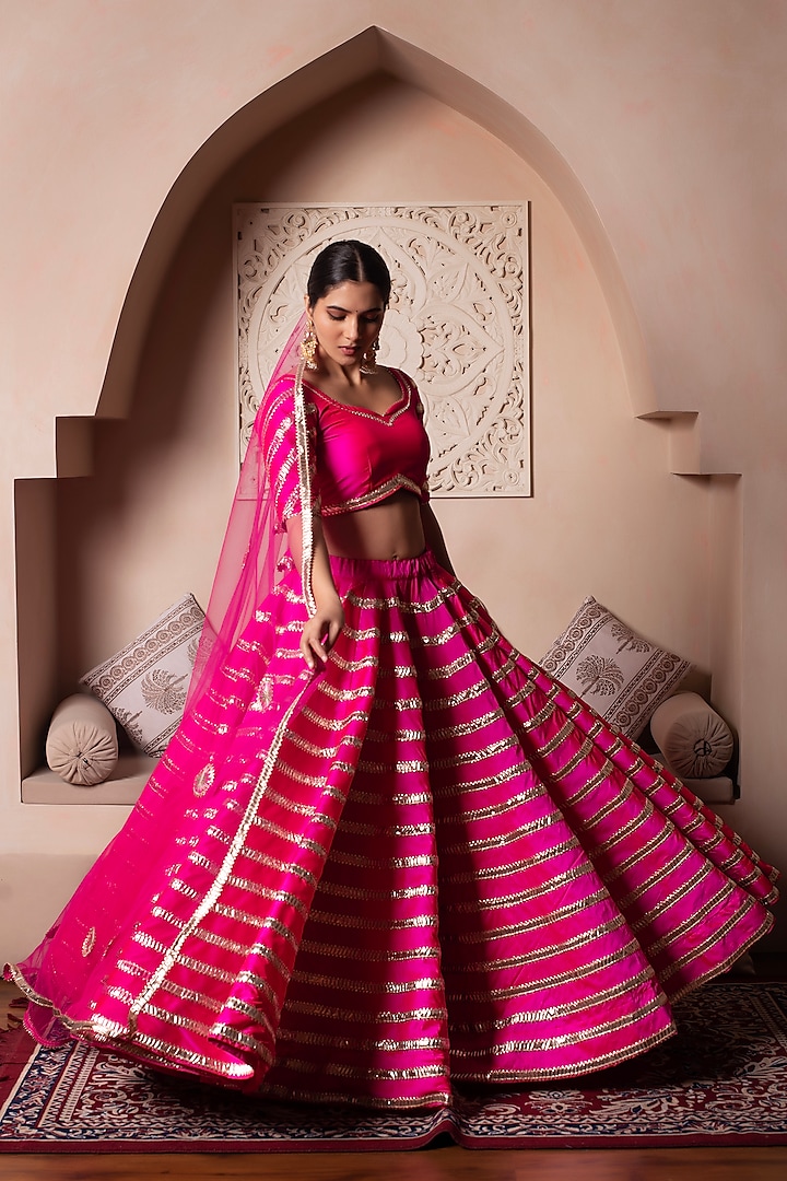Hot Pink Taffeta Silk Gota Patti Embroidered Wedding Lehenga Set by Pomcha Jaipur at Pernia's Pop Up Shop
