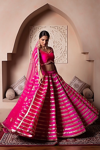 Hot Pink Taffeta Silk Gota Patti Embroidered Lehenga Set by Pomcha Jaipur