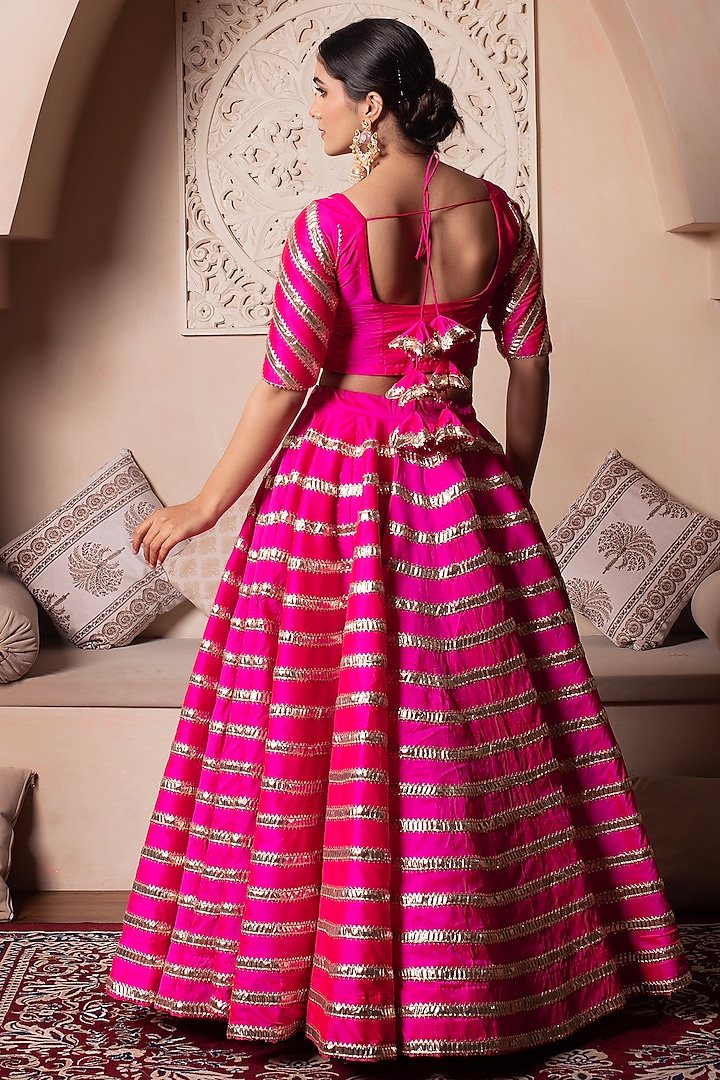 Hot Pink Taffeta Silk Gota Patti Embroidered Wedding Lehenga Set by Pomcha Jaipur at Pernia's Pop Up Shop