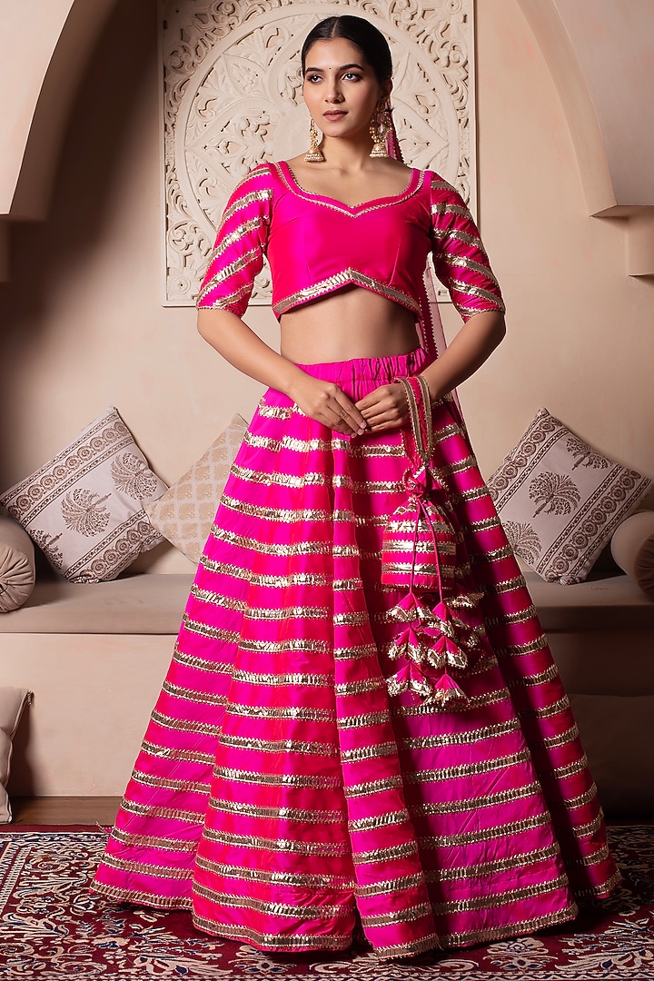 Hot Pink Taffeta Silk Gota Patti Embroidered Wedding Lehenga Set by Pomcha Jaipur at Pernia's Pop Up Shop