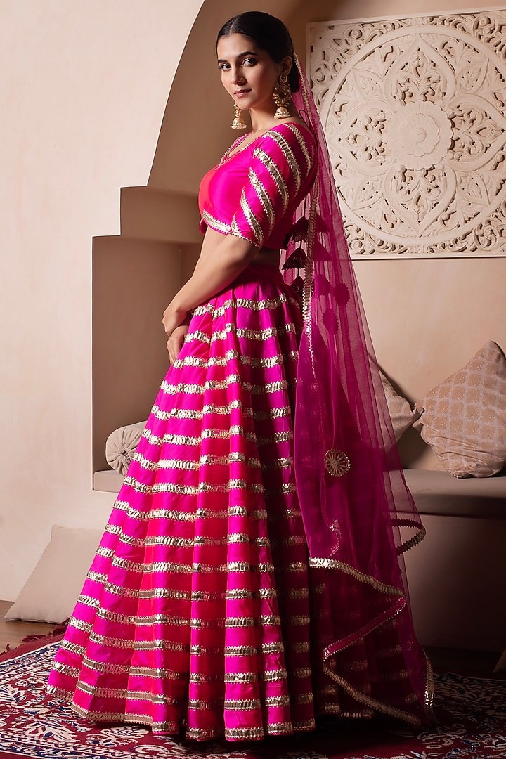 Hot Pink Taffeta Silk Gota Patti Embroidered Wedding Lehenga Set by Pomcha Jaipur at Pernia's Pop Up Shop