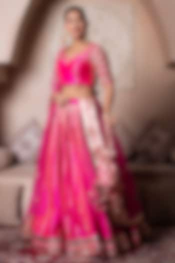 Hot Pink Taffeta Silk Gota Patti Embroidered Wedding Lehenga Set by Pomcha Jaipur at Pernia's Pop Up Shop