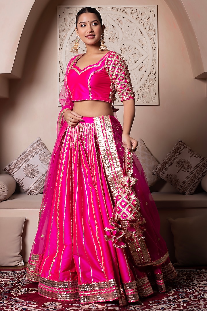 Hot Pink Taffeta Silk Gota Patti Embroidered Wedding Lehenga Set by Pomcha Jaipur at Pernia's Pop Up Shop
