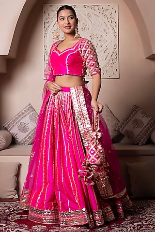 Hot Pink Taffeta Silk Gota Patti Embroidered Lehenga Set by Pomcha Jaipur