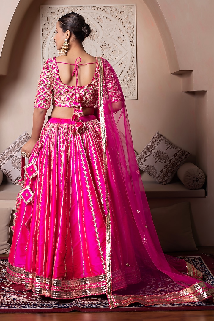 Hot Pink Taffeta Silk Gota Patti Embroidered Wedding Lehenga Set by Pomcha Jaipur at Pernia's Pop Up Shop