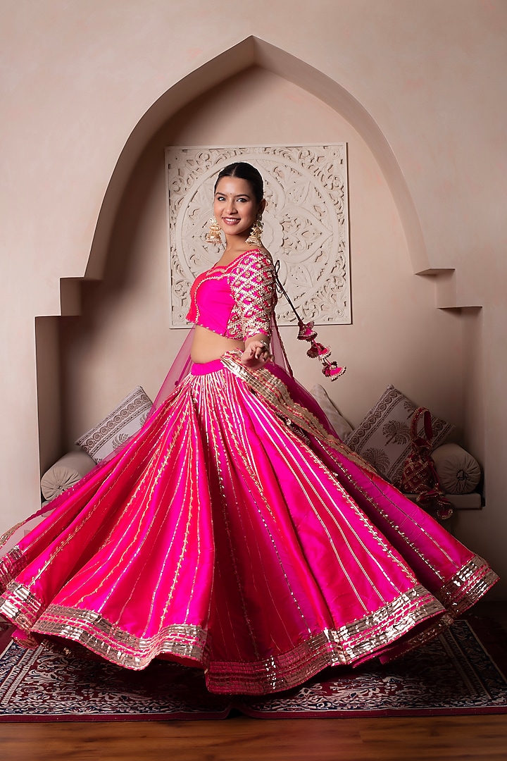 Hot Pink Taffeta Silk Gota Patti Embroidered Wedding Lehenga Set by Pomcha Jaipur at Pernia's Pop Up Shop