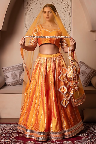 Orange Taffeta Silk Gota Patti Embroidered Lehenga Set by Pomcha Jaipur