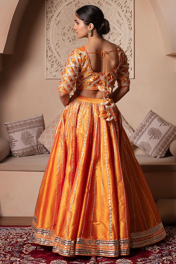 Orange Taffeta Silk Gota Patti Embroidered Wedding Lehenga Set by Pomcha Jaipur at Pernia's Pop Up Shop