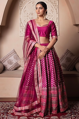 Rani Pink Cotton Silk Gota Patti Embroidered Lehenga Set by Pomcha Jaipur