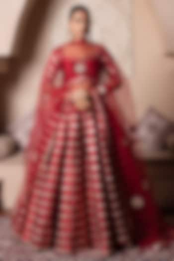 Red Taffeta Silk Gota Patti Embroidered Wedding Lehenga Set by Pomcha Jaipur at Pernia's Pop Up Shop