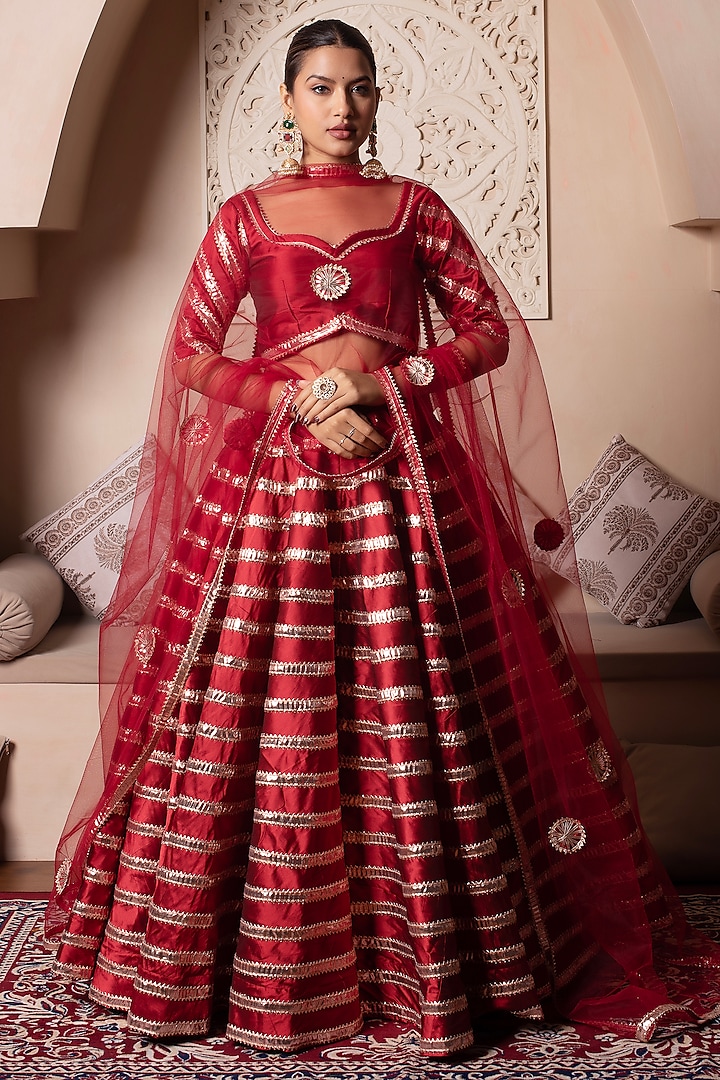 Red Taffeta Silk Gota Patti Embroidered Wedding Lehenga Set by Pomcha Jaipur at Pernia's Pop Up Shop