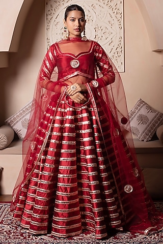 Red Taffeta Silk Gota Patti Embroidered Lehenga Set by Pomcha Jaipur