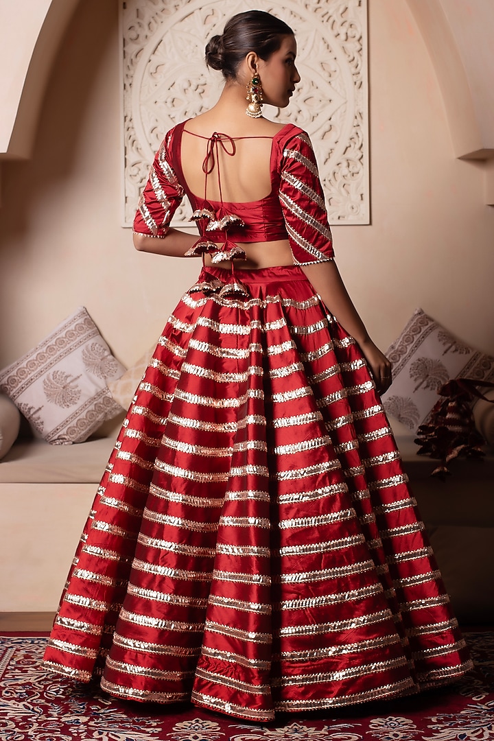 Red Taffeta Silk Gota Patti Embroidered Wedding Lehenga Set by Pomcha Jaipur at Pernia's Pop Up Shop