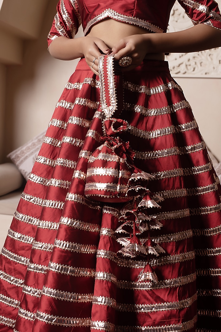 Red Taffeta Silk Gota Patti Embroidered Wedding Lehenga Set by Pomcha Jaipur at Pernia's Pop Up Shop