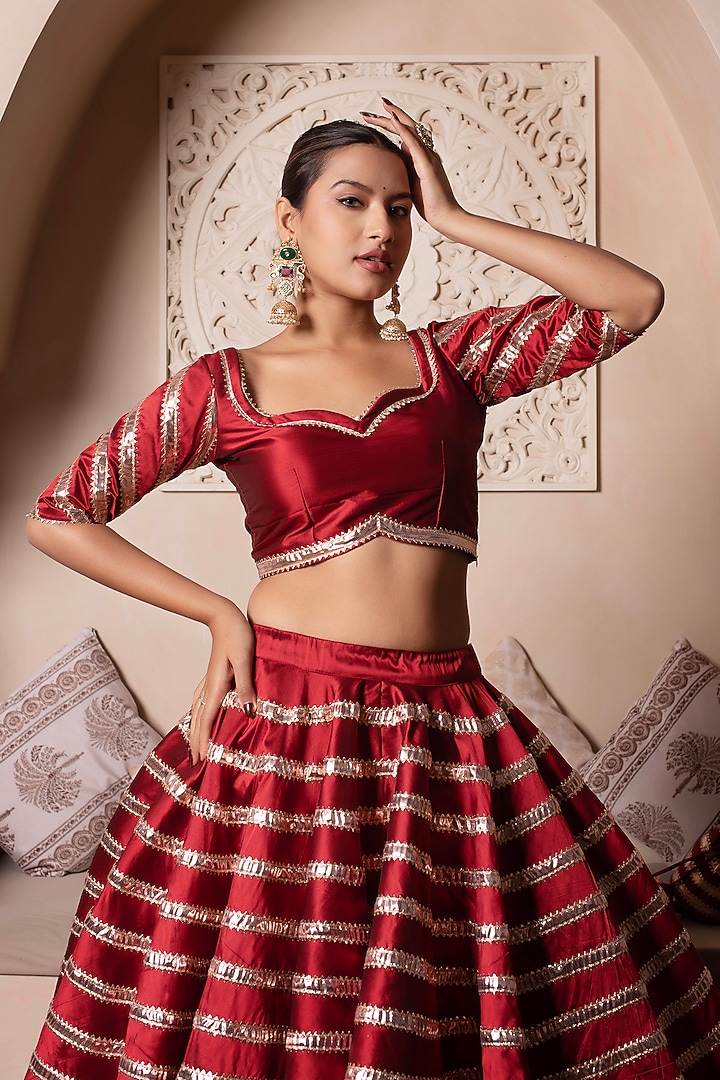 Red Taffeta Silk Gota Patti Embroidered Wedding Lehenga Set by Pomcha Jaipur at Pernia's Pop Up Shop
