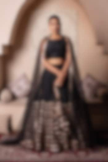 Black Cotton Silk Gota Patti Embroidered Wedding Lehenga Set by Pomcha Jaipur at Pernia's Pop Up Shop
