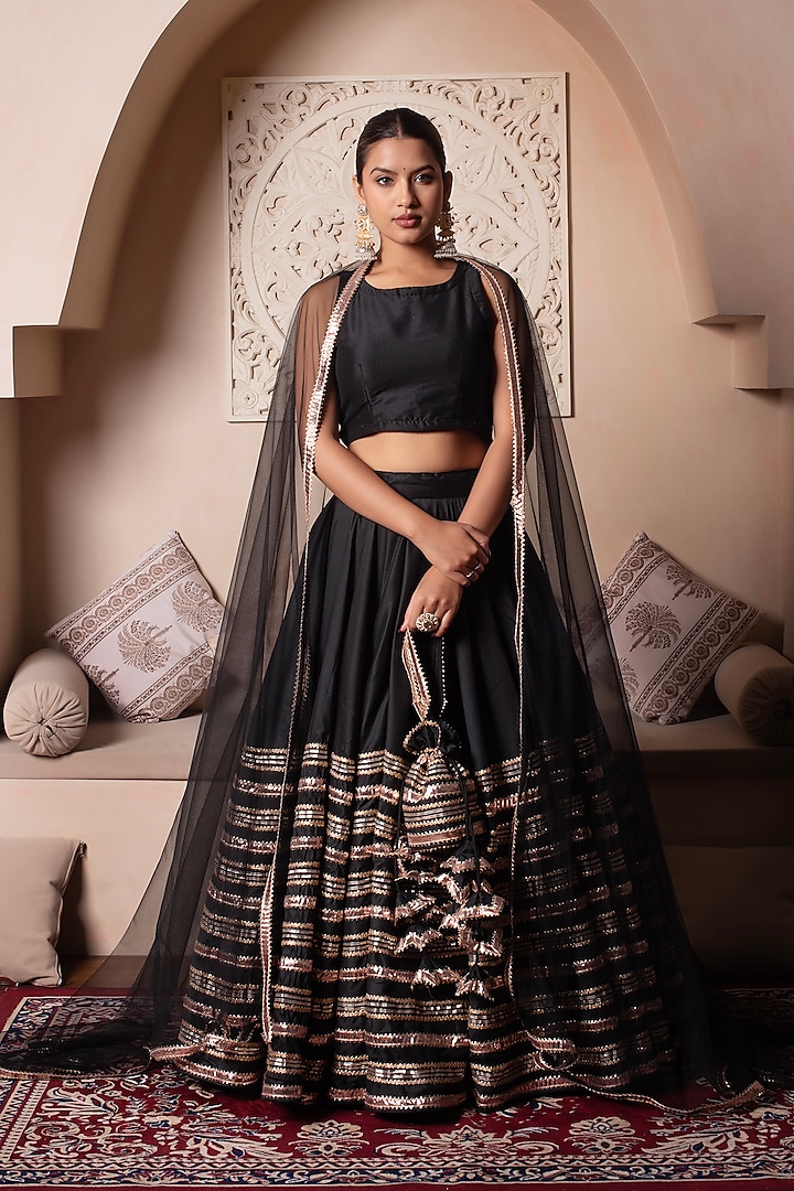 Black Cotton Silk Gota Patti Embroidered Wedding Lehenga Set by Pomcha Jaipur at Pernia's Pop Up Shop