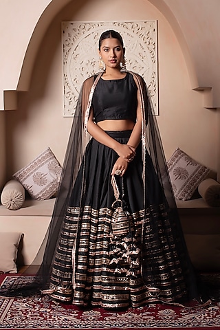 Black Cotton Silk Gota Patti Embroidered Lehenga Set by Pomcha Jaipur