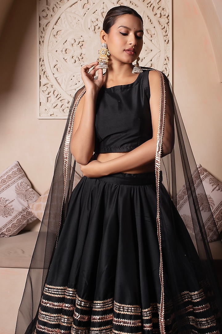 Black Cotton Silk Gota Patti Embroidered Wedding Lehenga Set by Pomcha Jaipur at Pernia's Pop Up Shop