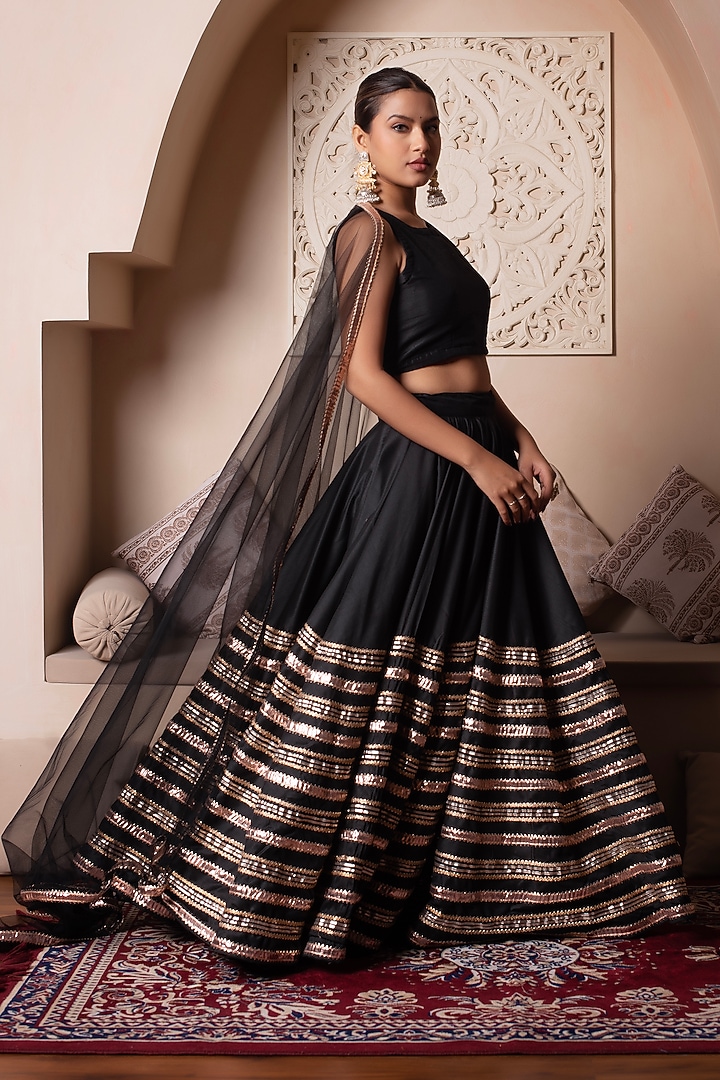 Black Cotton Silk Gota Patti Embroidered Wedding Lehenga Set by Pomcha Jaipur at Pernia's Pop Up Shop