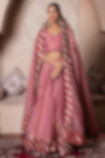Peach Cosmos Silk Gota Patti Embroidered Wedding Lehenga Set by Pomcha Jaipur at Pernia's Pop Up Shop