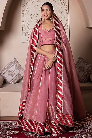 Peach Cosmos Silk Gota Patti Embroidered Lehenga Set by Pomcha Jaipur