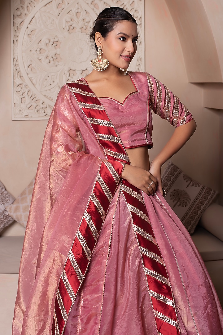 Peach Cosmos Silk Gota Patti Embroidered Wedding Lehenga Set by Pomcha Jaipur at Pernia's Pop Up Shop