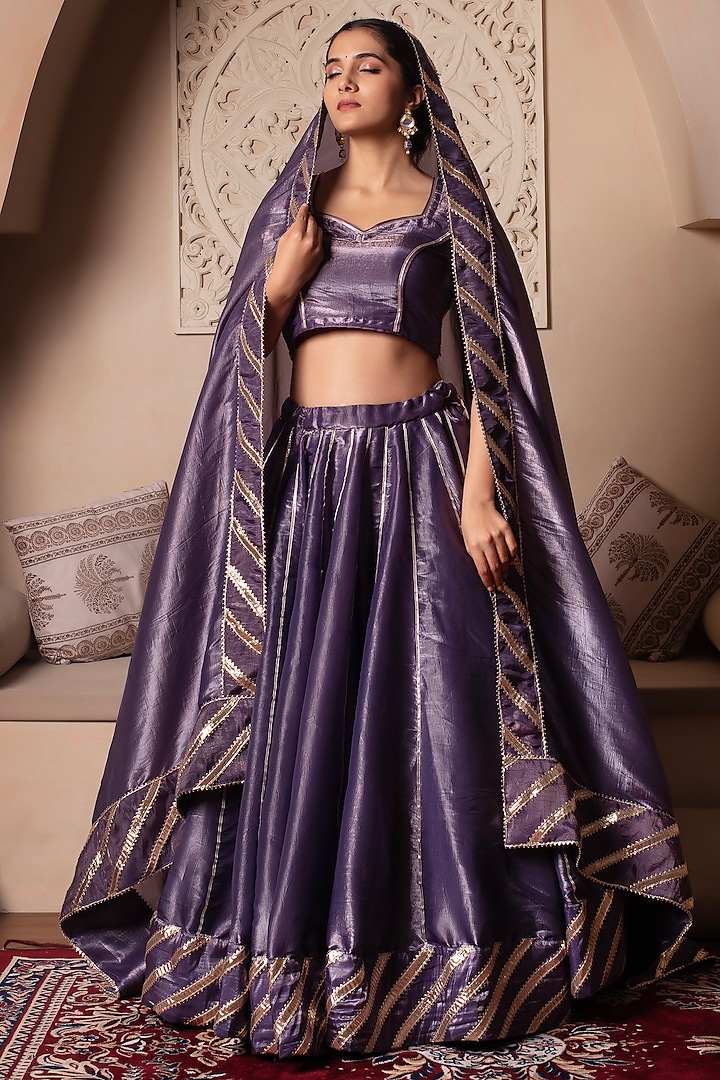 Purple Cosmos Silk Gota Patti Embroidered Wedding Lehenga Set by Pomcha Jaipur at Pernia's Pop Up Shop