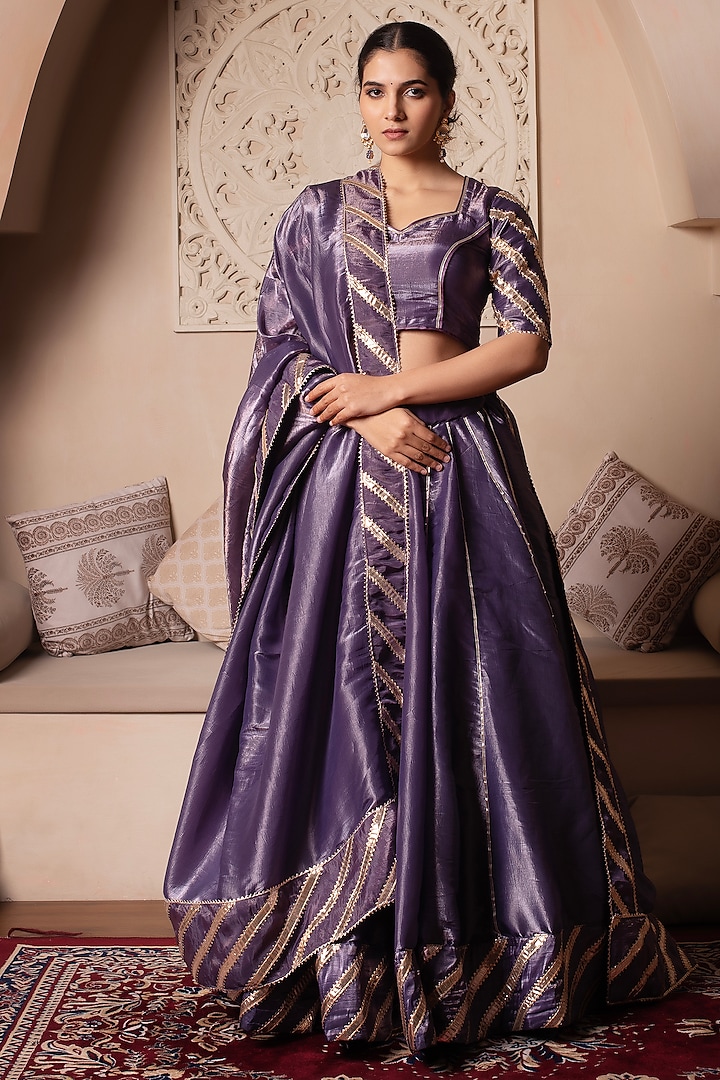 Purple Cosmos Silk Gota Patti Embroidered Wedding Lehenga Set by Pomcha Jaipur at Pernia's Pop Up Shop