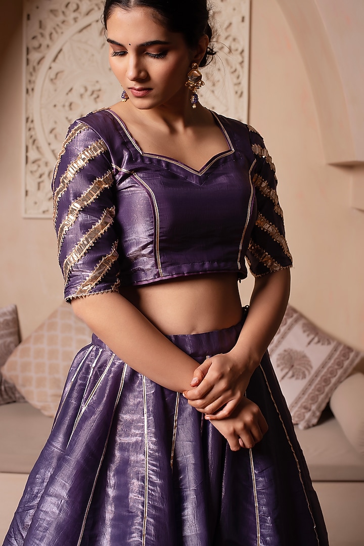 Purple Cosmos Silk Gota Patti Embroidered Wedding Lehenga Set by Pomcha Jaipur at Pernia's Pop Up Shop