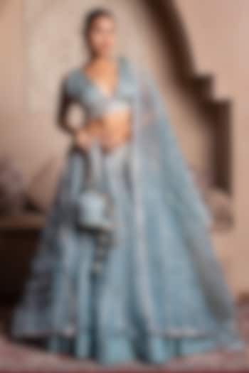 Powder Blue Cosmos Silk Gota Patti Embroidered Wedding Lehenga Set by Pomcha Jaipur at Pernia's Pop Up Shop