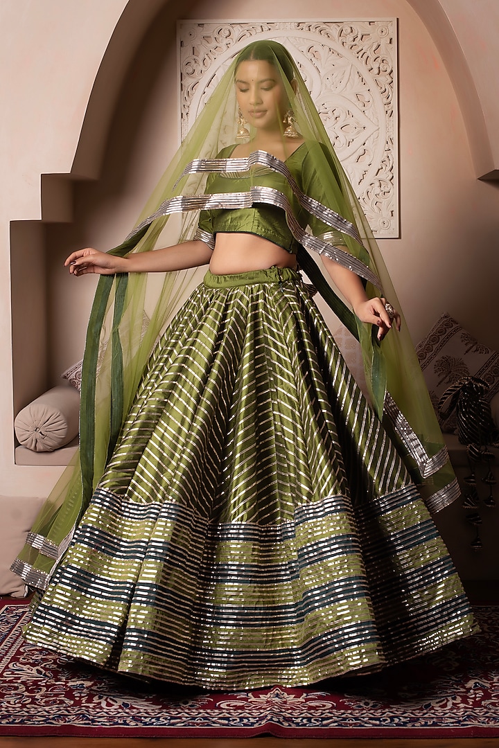 Green Cotton Silk Gota Patti Embroidered Wedding Lehenga Set by Pomcha Jaipur at Pernia's Pop Up Shop