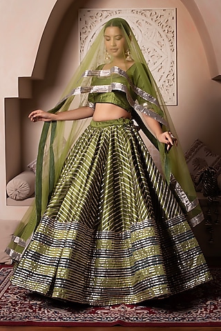 Green Cotton Silk Gota Patti Embroidered Lehenga Set by Pomcha Jaipur