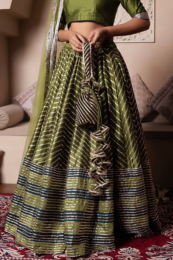 Green Cotton Silk Gota Patti Embroidered Wedding Lehenga Set by Pomcha Jaipur at Pernia's Pop Up Shop