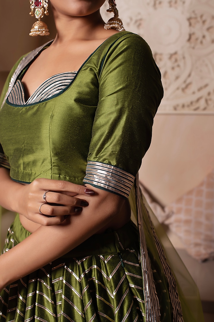 Green Cotton Silk Gota Patti Embroidered Wedding Lehenga Set by Pomcha Jaipur at Pernia's Pop Up Shop