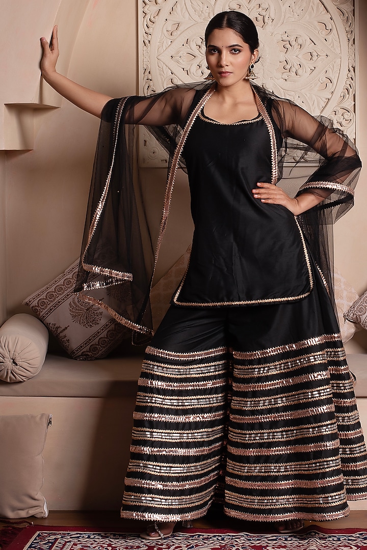 Black Cotton Silk Gota Patti Embroidered Sharara Set by Pomcha Jaipur at Pernia's Pop Up Shop