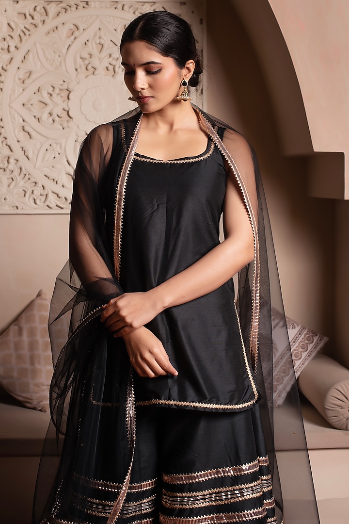Black Cotton Silk Gota Patti Embroidered Party Wear Sharara Set by Pomcha Jaipur at Pernia's Pop Up Shop