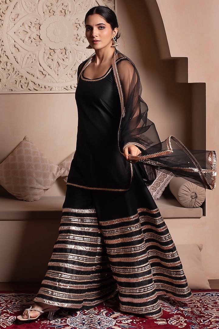 Black Cotton Silk Gota Patti Embroidered Party Wear Sharara Set by Pomcha Jaipur at Pernia's Pop Up Shop