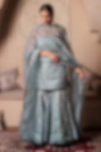 Powder Blue Cosmos Silk Gota Patti Embroidered Party Wear Sharara Set by Pomcha Jaipur at Pernia's Pop Up Shop