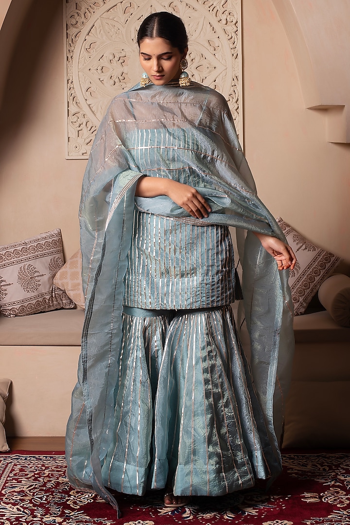 Powder Blue Cosmos Silk Gota Patti Embroidered Party Wear Sharara Set by Pomcha Jaipur at Pernia's Pop Up Shop