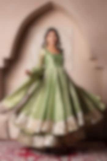 Green Cosmos Silk Gota Patti Embroidered Party Wear Anarkali Set by Pomcha Jaipur at Pernia's Pop Up Shop