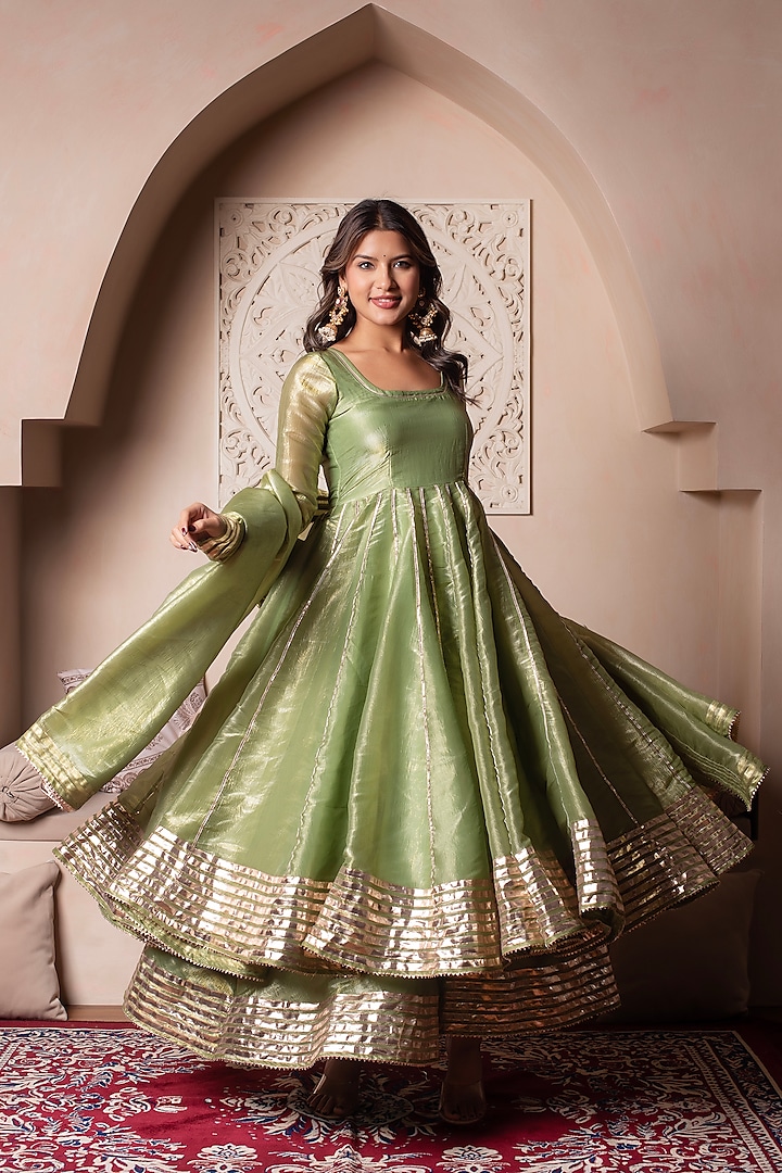 Green Cosmos Silk Gota Patti Embroidered Party Wear Anarkali Set by Pomcha Jaipur at Pernia's Pop Up Shop