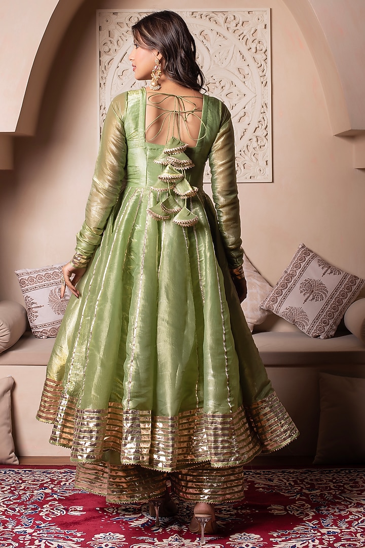 Green Cosmos Silk Gota Patti Embroidered Party Wear Anarkali Set by Pomcha Jaipur at Pernia's Pop Up Shop